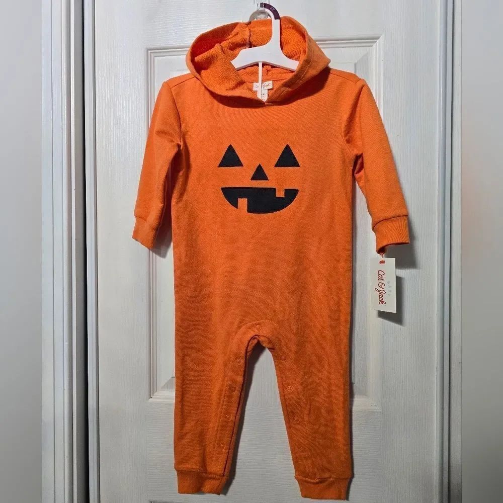 Nwt Baby Pumpkin Jack O Lantern Orange Hooded Romper Halloween
